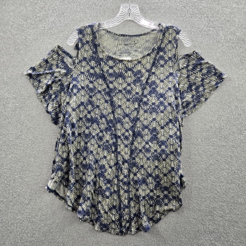 We The Free Women Blouse S Blue Linen Rayon Geometric Cold Shoulder Round Neck